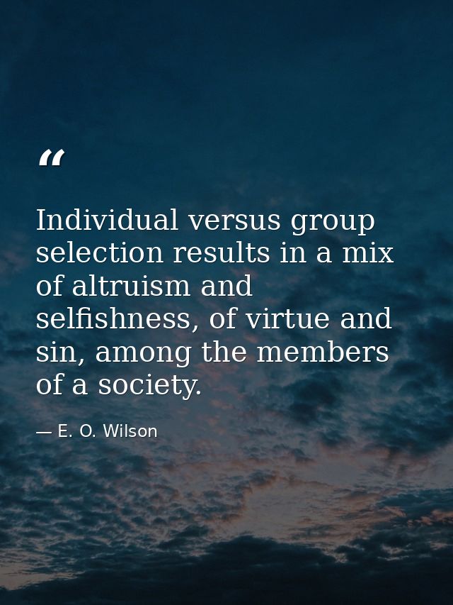 Individual versus group selection results in a mix of altruism and selfishness, of virtue and sin, among the members of  — E. O. Wilson