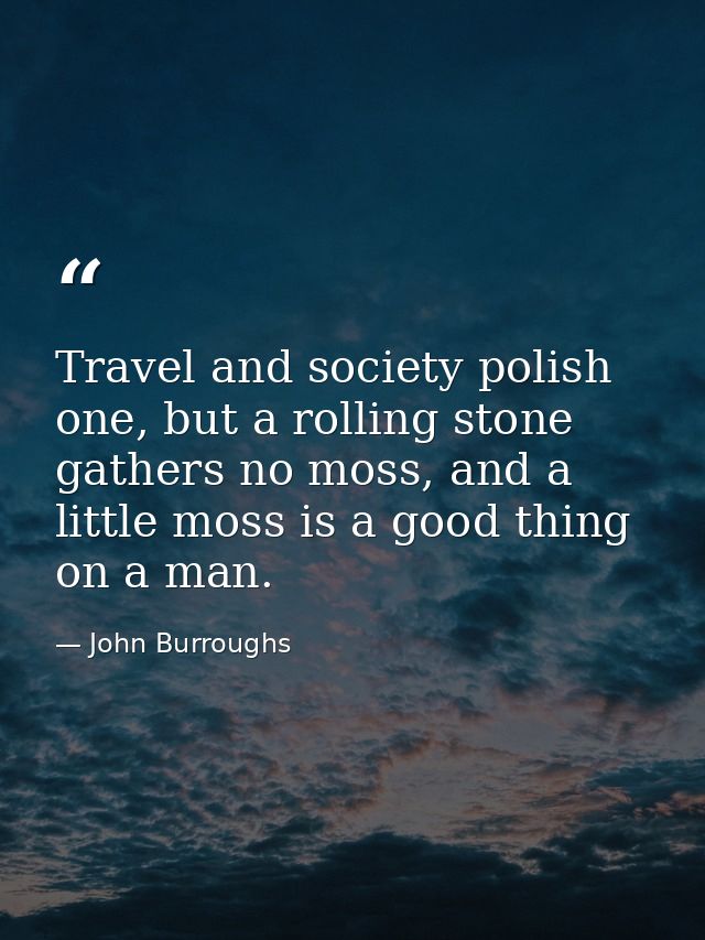 Travel and society polish one, but a rolling stone gathers no moss, and a little moss is a good thing on a man. — John Burroughs