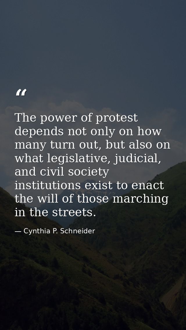 The power of protest depends not only on how many turn out, but also on what legislative, judicial, and civil society in — Cynthia P. Schneider