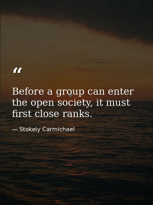 Before a group can enter the open society, it must first close ranks. — Stokely Carmichael