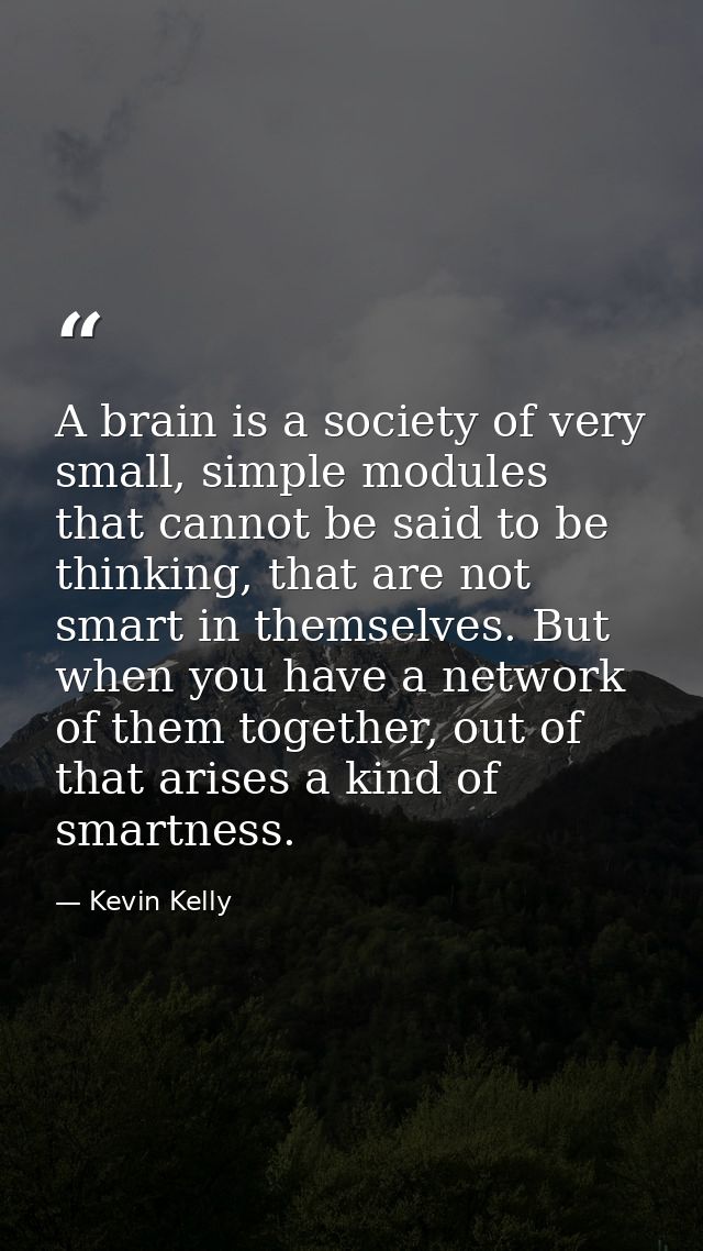 A brain is a society of very small, simple modules that cannot be said to be thinking, that are not smart in themselves. — Kevin Kelly