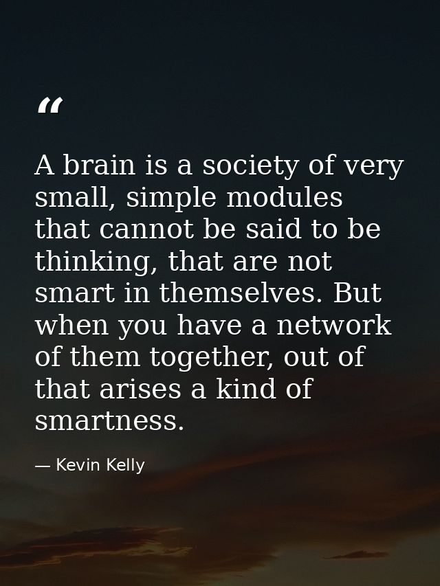 A brain is a society of very small, simple modules that cannot be said to be thinking, that are not smart in themselves. — Kevin Kelly