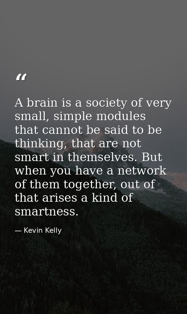 A brain is a society of very small, simple modules that cannot be said to be thinking, that are not smart in themselves. — Kevin Kelly