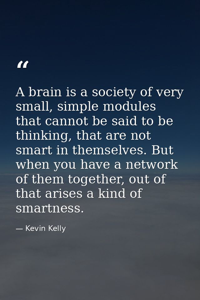 A brain is a society of very small, simple modules that cannot be said to be thinking, that are not smart in themselves. — Kevin Kelly