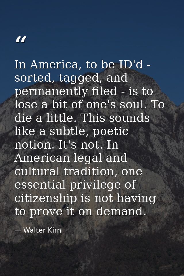 In America, to be ID'd - sorted, tagged, and permanently filed - is to lose a bit of one's soul. To die a little. This s — Walter Kirn