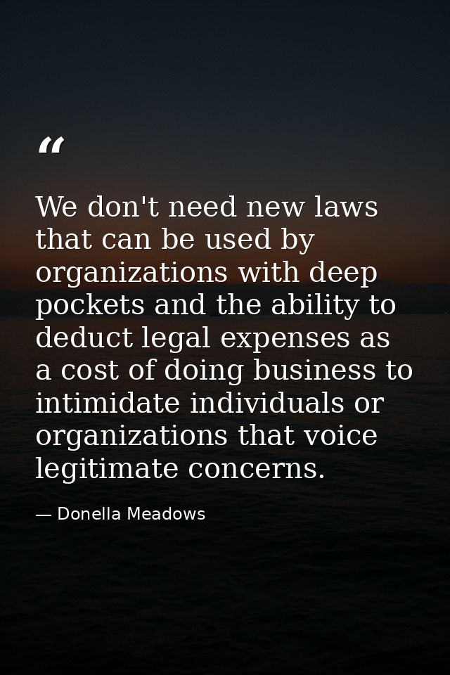 We don't need new laws that can be used by organizations with deep pockets and the ability to deduct legal expenses as a — Donella Meadows