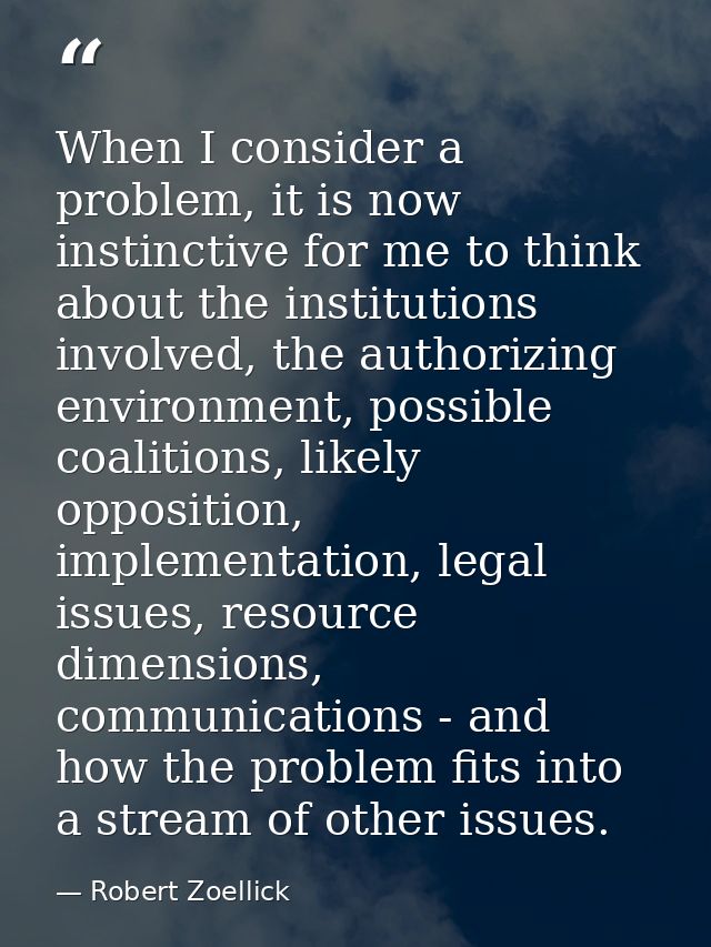 When I consider a problem, it is now instinctive for me to think about the institutions involved, the authorizing enviro — Robert Zoellick