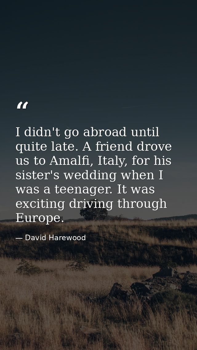I didn't go abroad until quite late. A friend drove us to Amalfi, Italy, for his sister's wedding when I was a teenager. — David Harewood