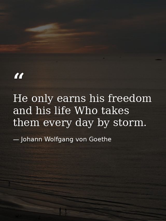 He only earns his freedom and his life Who takes them every day by storm. — Johann Wolfgang von Goethe