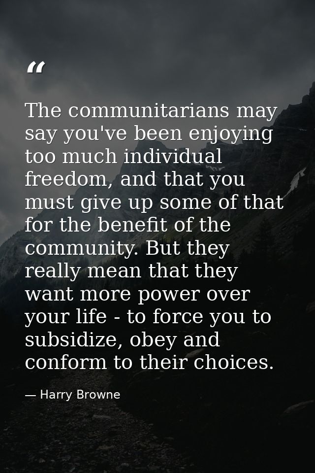 The communitarians may say you've been enjoying too much individual freedom, and that you must give up some of that for  — Harry Browne