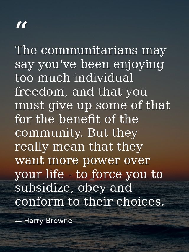The communitarians may say you've been enjoying too much individual freedom, and that you must give up some of that for  — Harry Browne