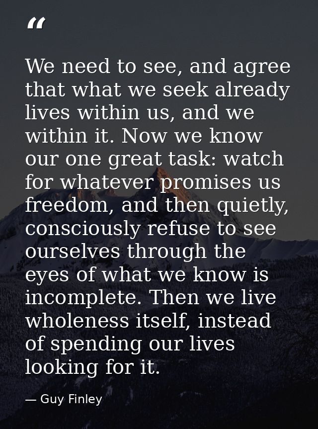 We need to see, and agree that what we seek already lives within us, and we within it. Now we know our one great task: w — Guy Finley