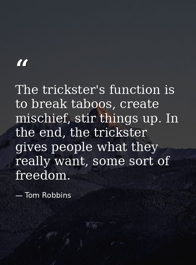 The trickster's function is to break taboos, create mischief, stir things up. In the end, the trickster gives people wha — Tom Robbins