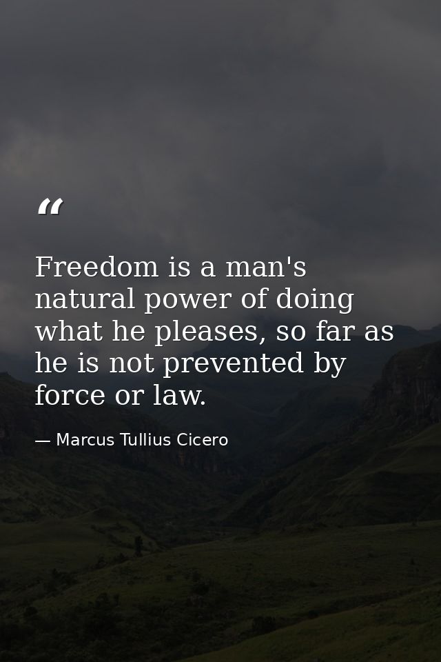 Freedom is a man's natural power of doing what he pleases, so far as he is not prevented by force or law. — Marcus Tullius Cicero